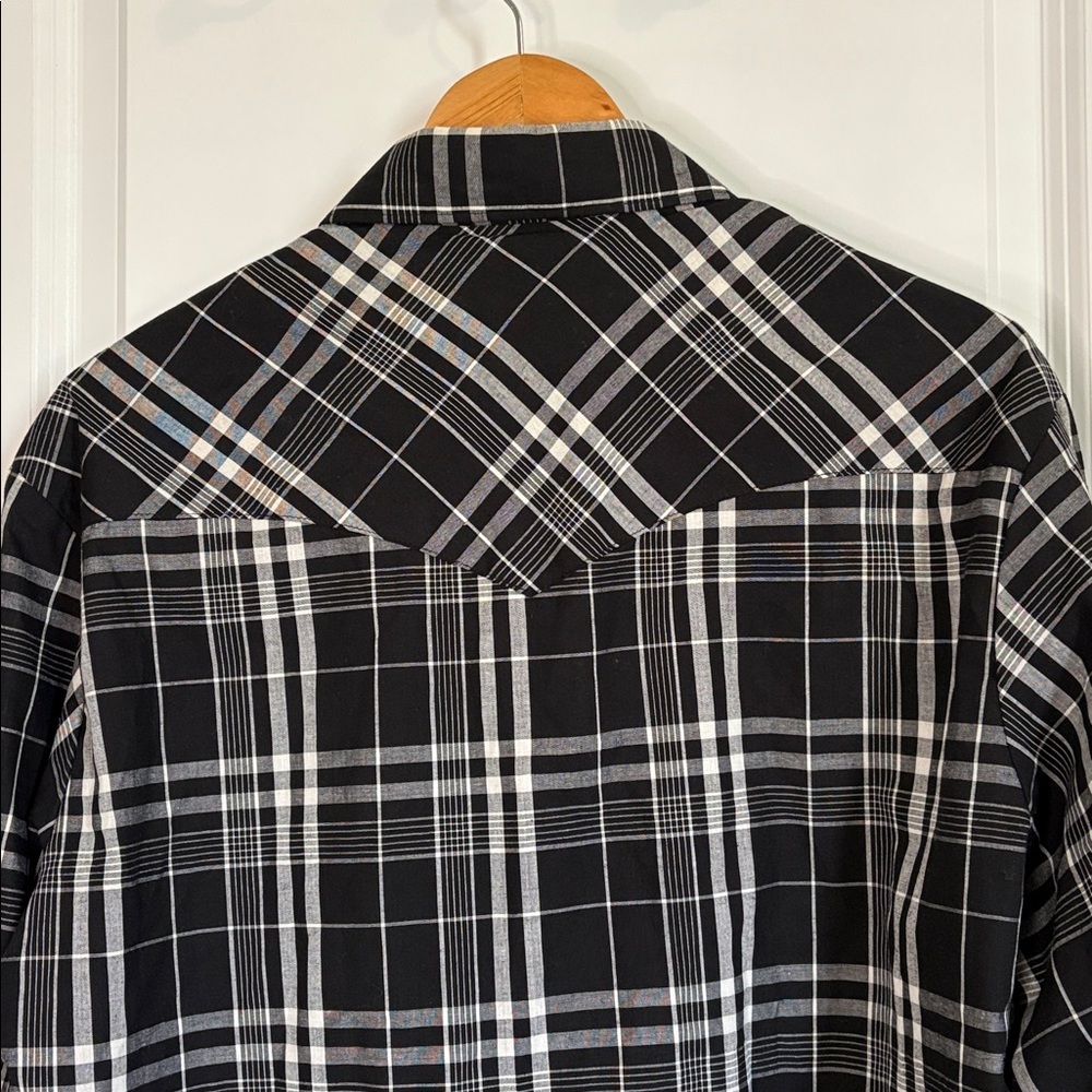 Wrangler Western Plaid Shirt Pearl Snap Long Sleeve Black White Size Large - Picture 11 of 12